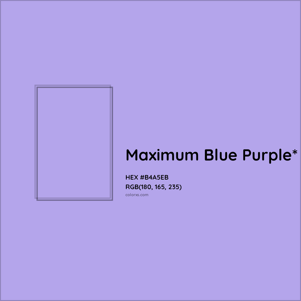 #B4A5EB hex color. RGB, RYB, CMYK, HSL, HSV codes and color conversions. Matching color names, palettes, paints.