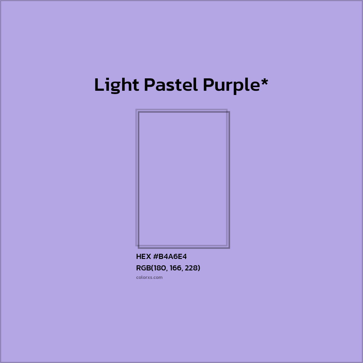 #B4A6E4 hex color. RGB, RYB, CMYK, HSL, HSV codes and color conversions. Matching color names, palettes, paints.