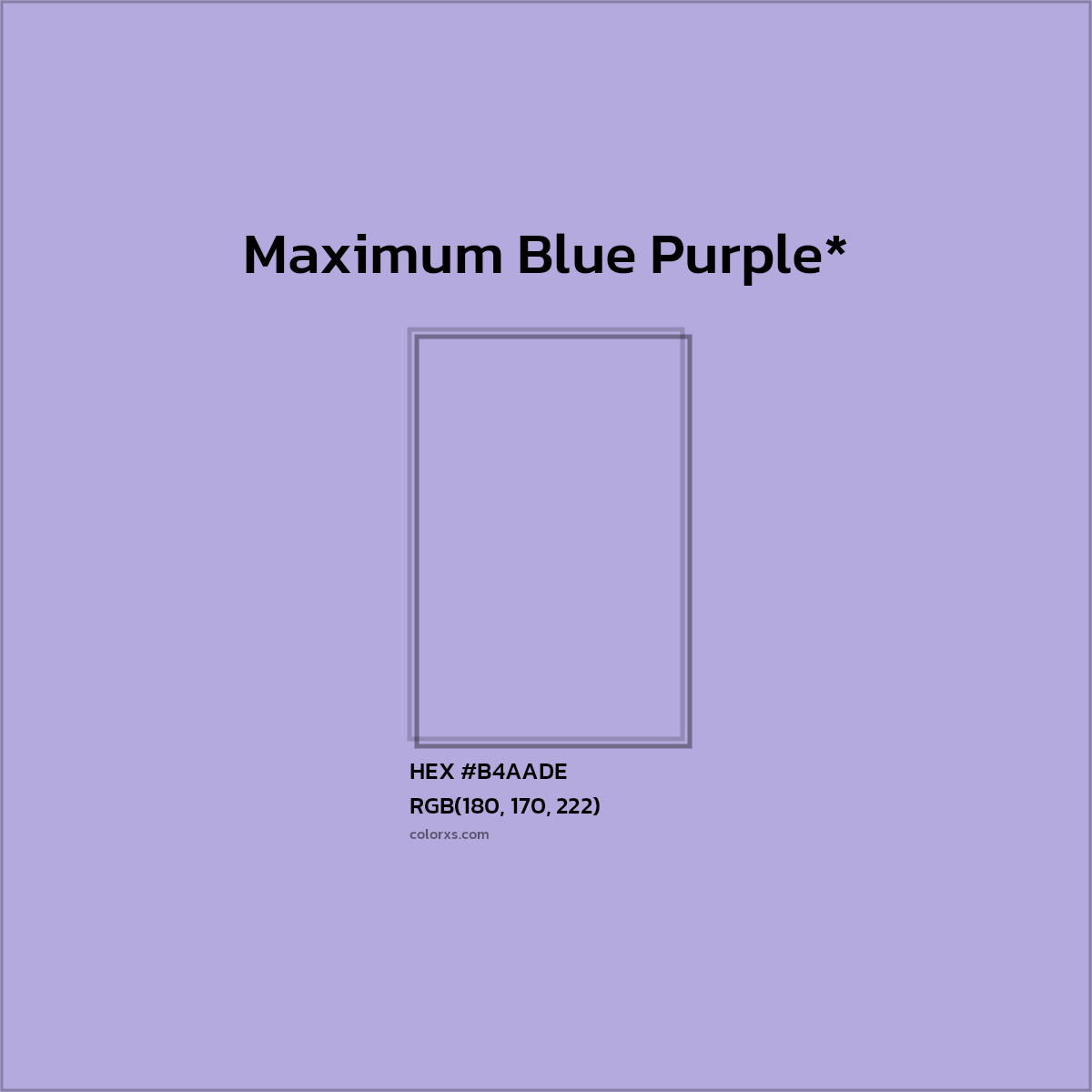 #B4AADE hex color. RGB, RYB, CMYK, HSL, HSV codes and color conversions. Matching color names, palettes, paints.