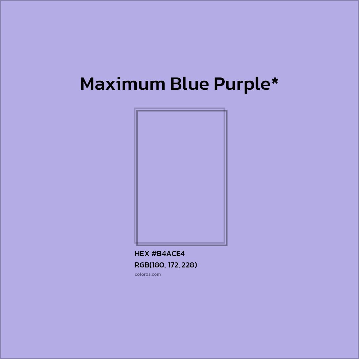 #B4ACE4 hex color. RGB, RYB, CMYK, HSL, HSV codes and color conversions. Matching color names, palettes, paints.
