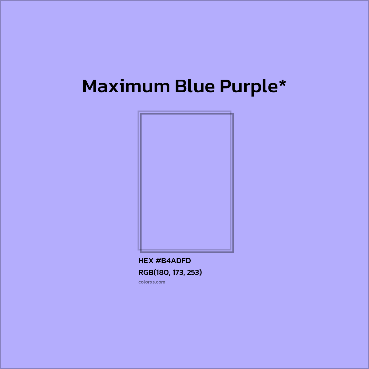 #B4ADFD hex color. RGB, RYB, CMYK, HSL, HSV codes and color conversions. Matching color names, palettes, paints.