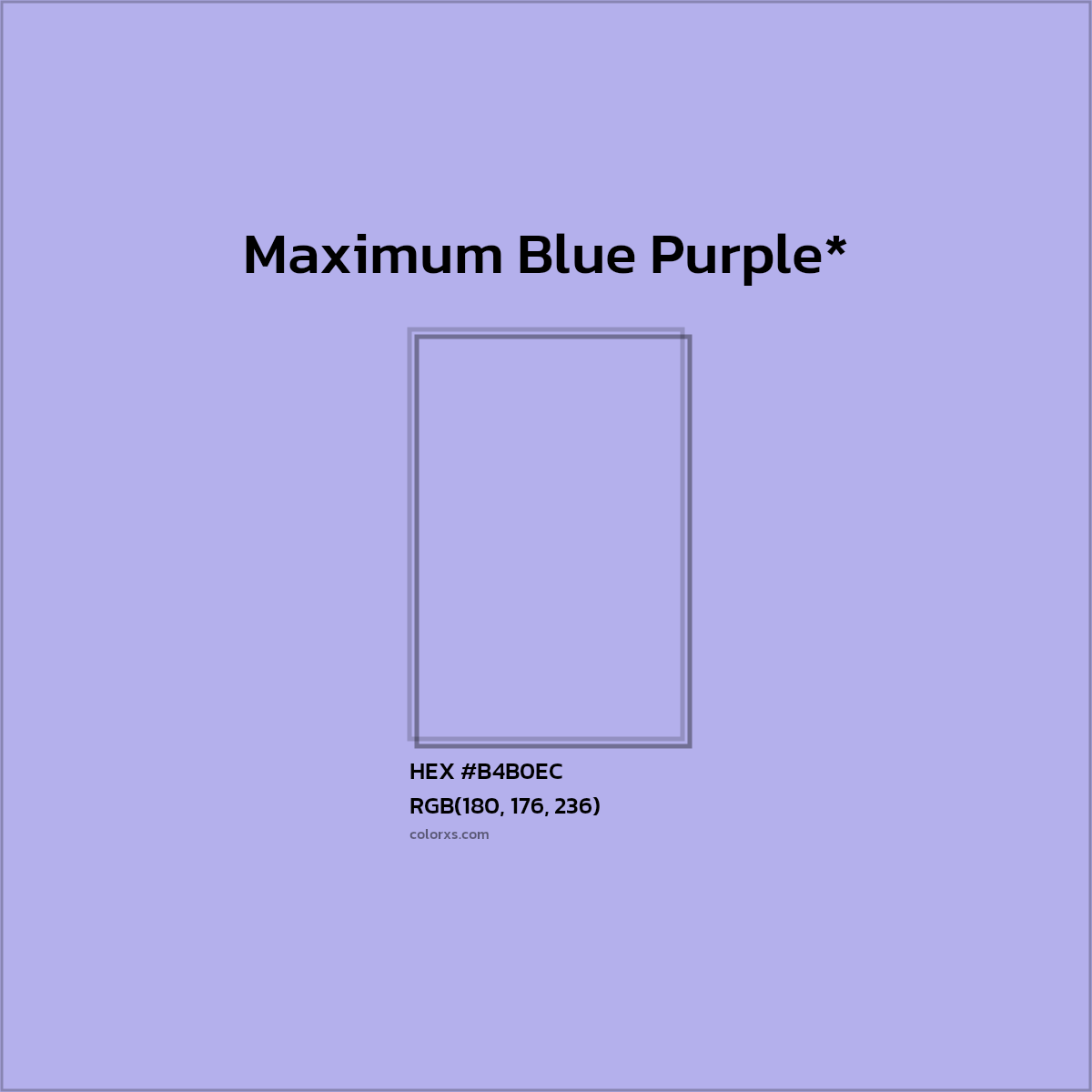 #B4B0EC hex color. RGB, RYB, CMYK, HSL, HSV codes and color conversions. Matching color names, palettes, paints.