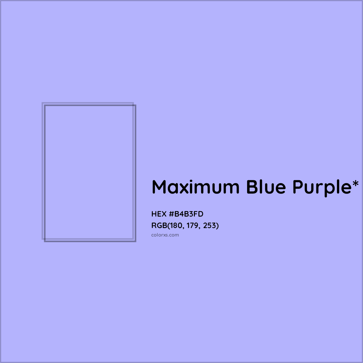 #B4B3FD hex color. RGB, RYB, CMYK, HSL, HSV codes and color conversions. Matching color names, palettes, paints.
