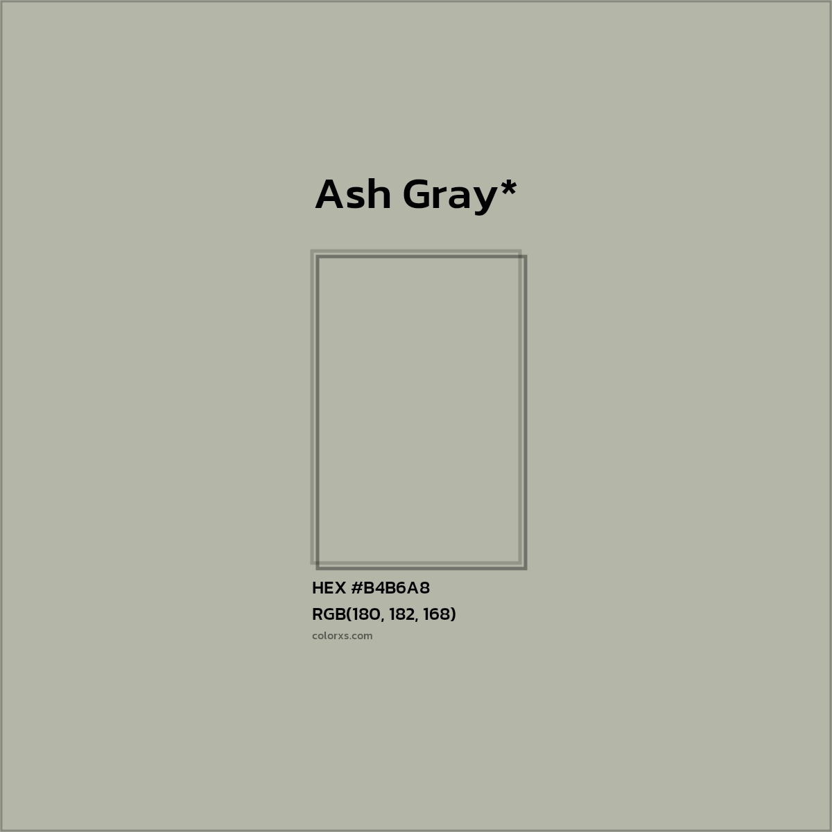 #B4B6A8 hex color. RGB, RYB, CMYK, HSL, HSV codes and color conversions. Matching color names, palettes, paints.