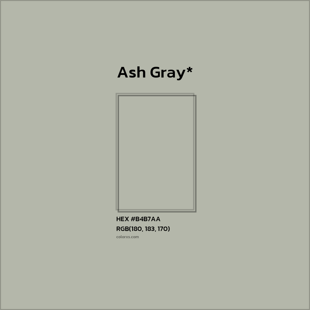 #B4B7AA hex color. RGB, RYB, CMYK, HSL, HSV codes and color conversions. Matching color names, palettes, paints.