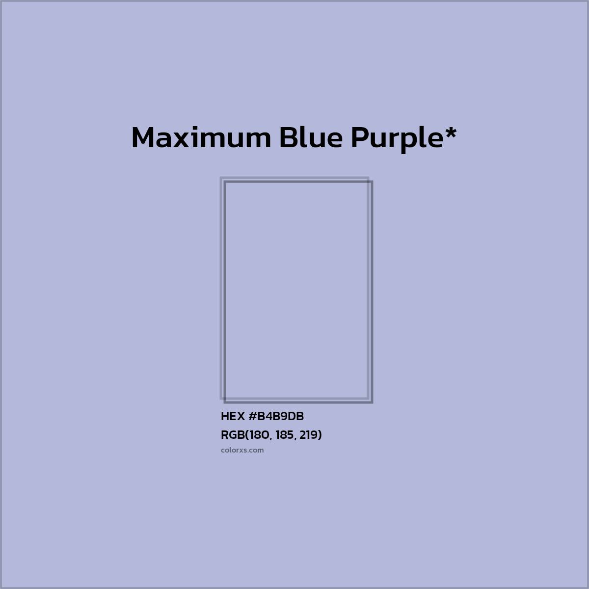 #B4B9DB hex color. RGB, RYB, CMYK, HSL, HSV codes and color conversions. Matching color names, palettes, paints.