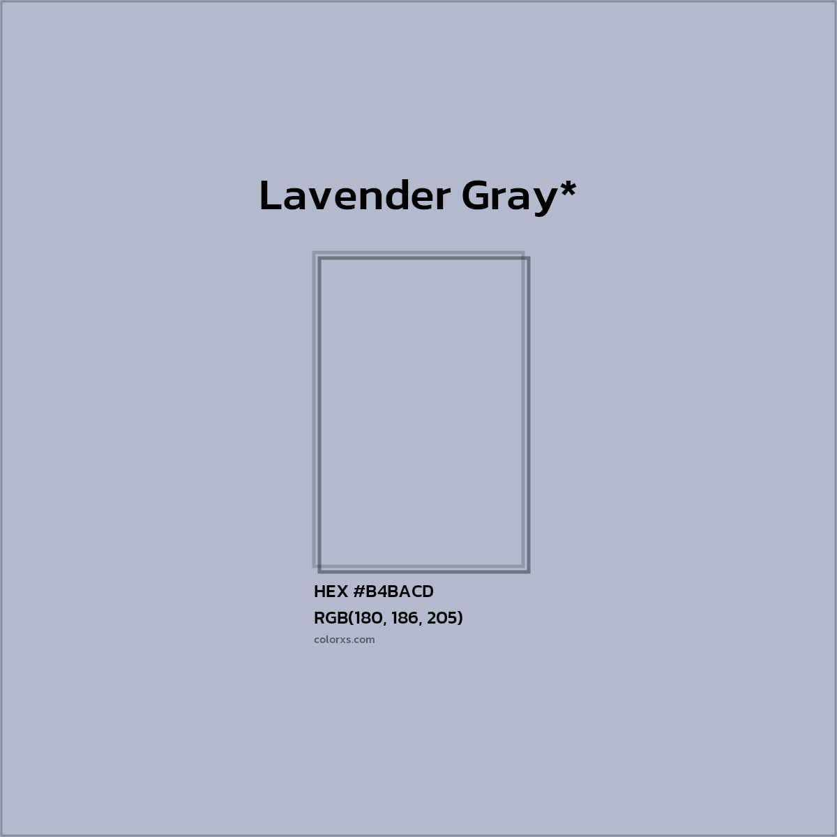 #B4BACD hex color. RGB, RYB, CMYK, HSL, HSV codes and color conversions. Matching color names, palettes, paints.