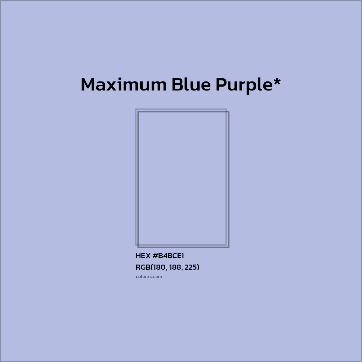 #B4BCE1 hex color. RGB, RYB, CMYK, HSL, HSV codes and color conversions. Matching color names, palettes, paints.