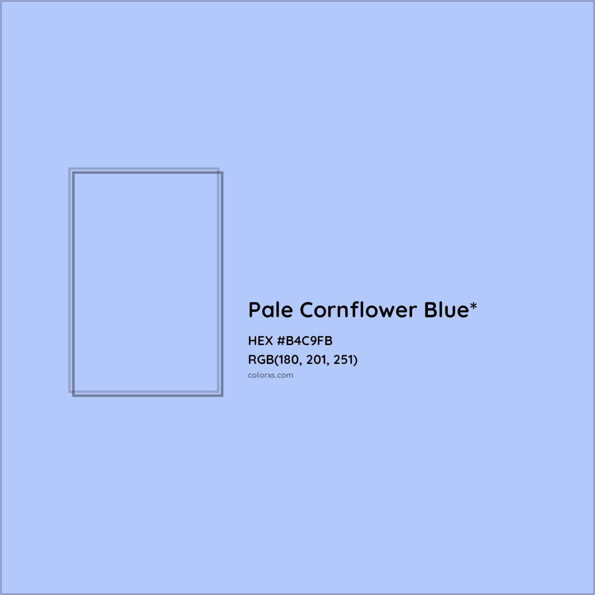 #B4C9FB hex color. RGB, RYB, CMYK, HSL, HSV codes and color conversions. Matching color names, palettes, paints.