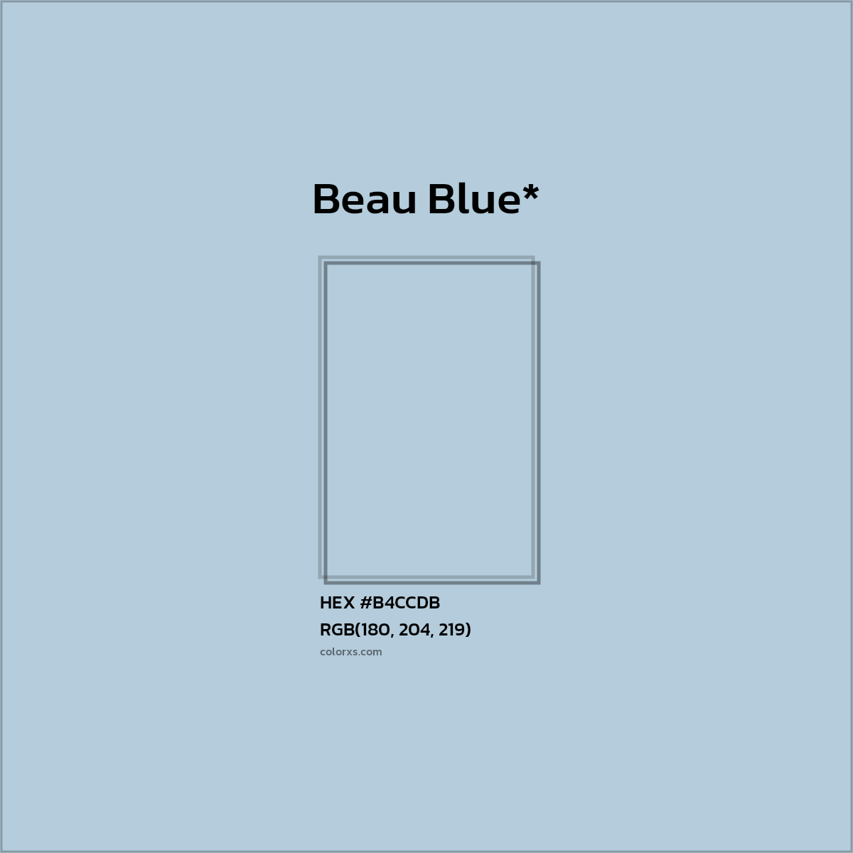 #B4CCDB hex color. RGB, RYB, CMYK, HSL, HSV codes and color conversions. Matching color names, palettes, paints.