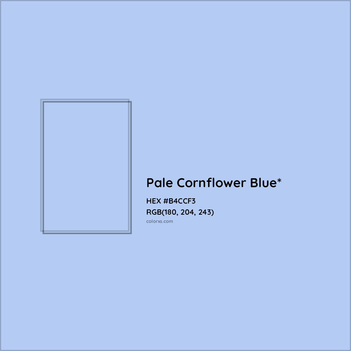 #B4CCF3 hex color. RGB, RYB, CMYK, HSL, HSV codes and color conversions. Matching color names, palettes, paints.