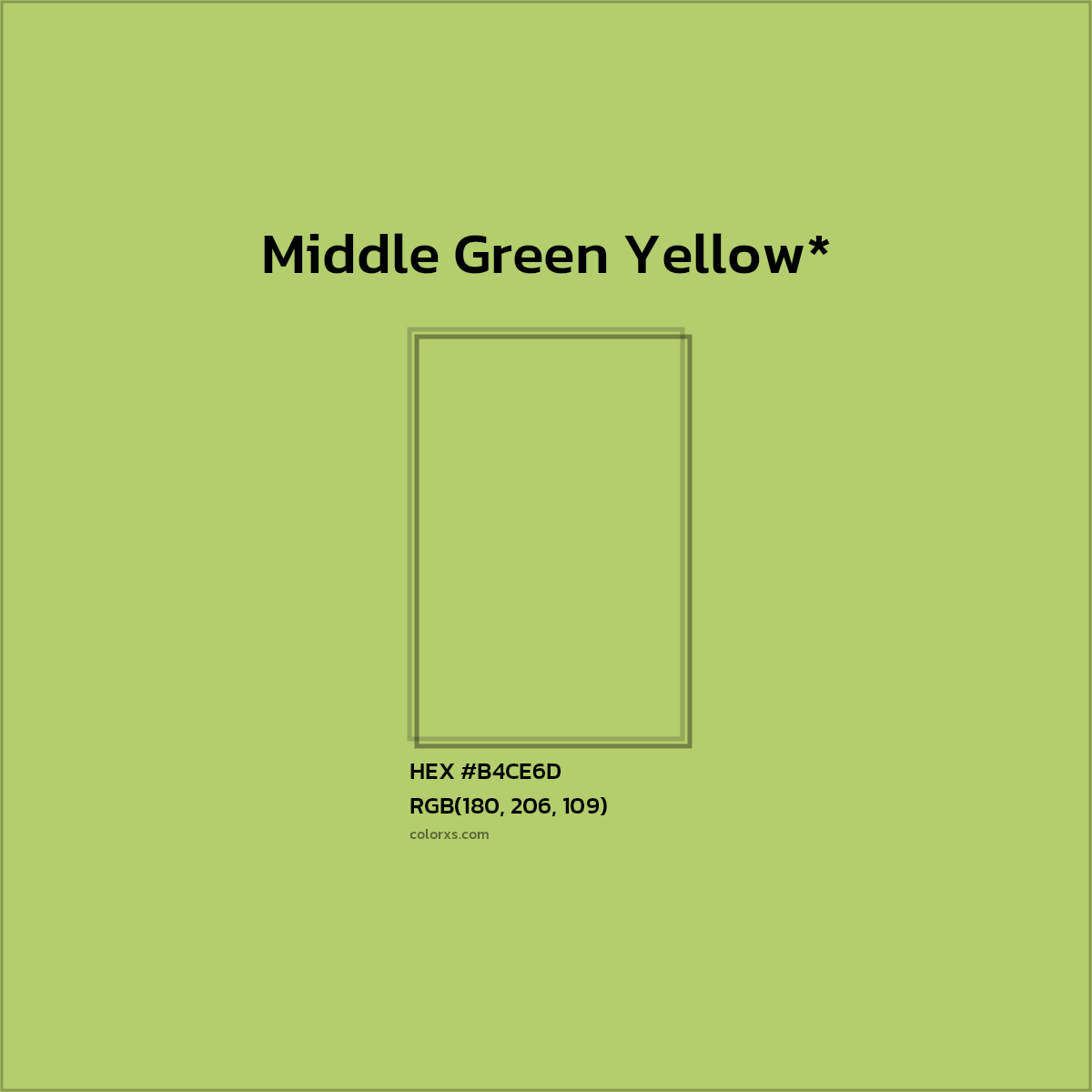 #B4CE6D hex color. RGB, RYB, CMYK, HSL, HSV codes and color conversions. Matching color names, palettes, paints.