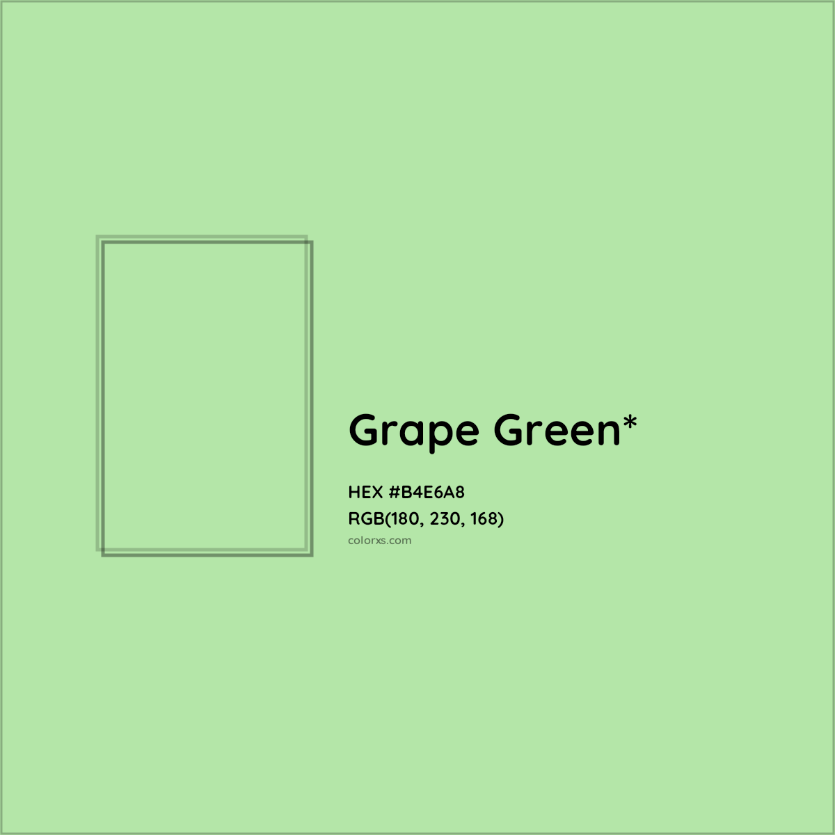 #B4E6A8 hex color. RGB, RYB, CMYK, HSL, HSV codes and color conversions. Matching color names, palettes, paints.