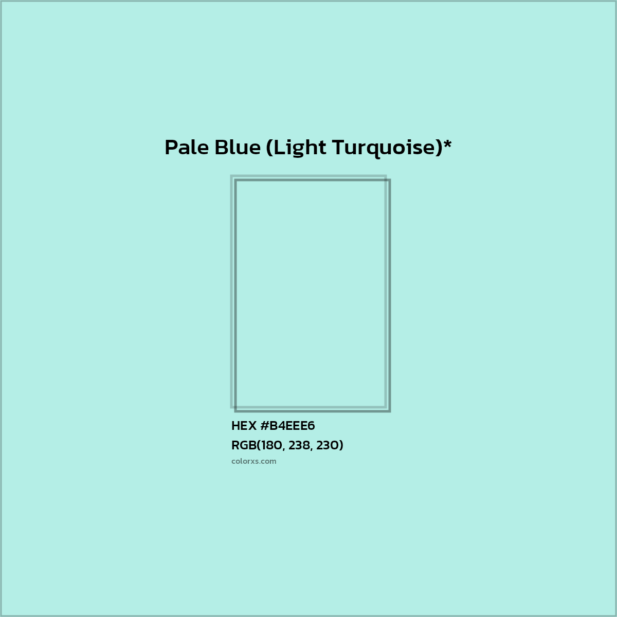 #B4EEE6 hex color. RGB, RYB, CMYK, HSL, HSV codes and color conversions. Matching color names, palettes, paints.