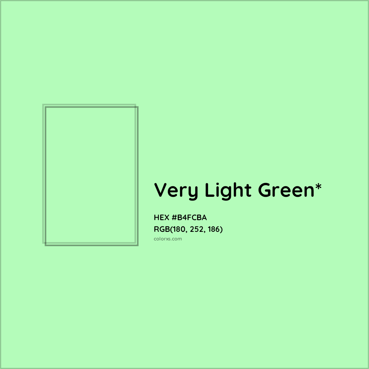 #B4FCBA hex color. RGB, RYB, CMYK, HSL, HSV codes and color conversions. Matching color names, palettes, paints.