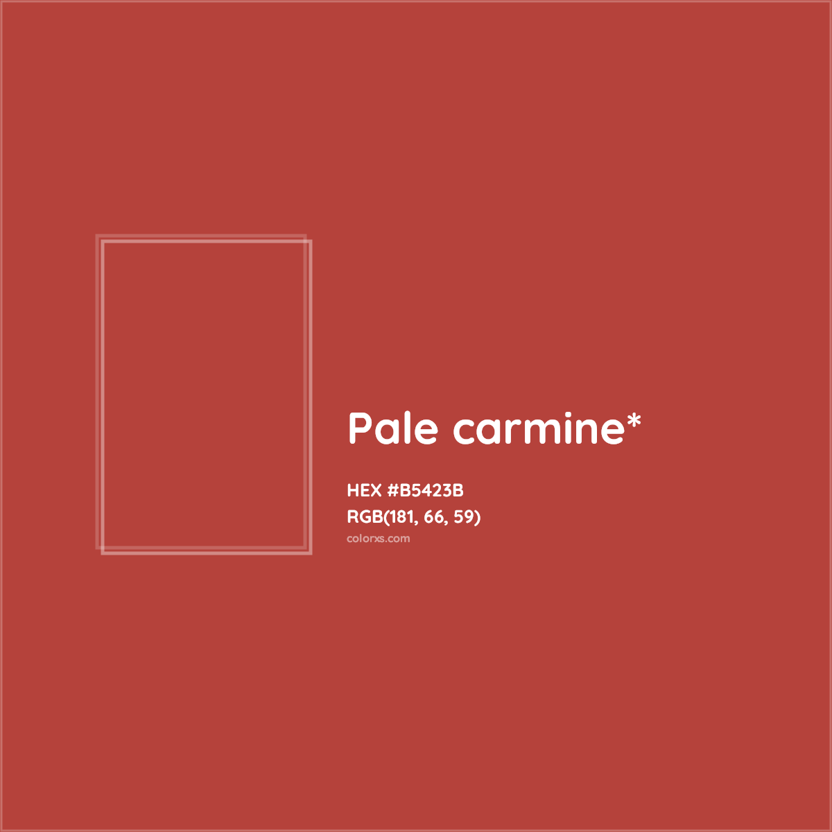 #B5423B hex color. RGB, RYB, CMYK, HSL, HSV codes and color conversions. Matching color names, palettes, paints.