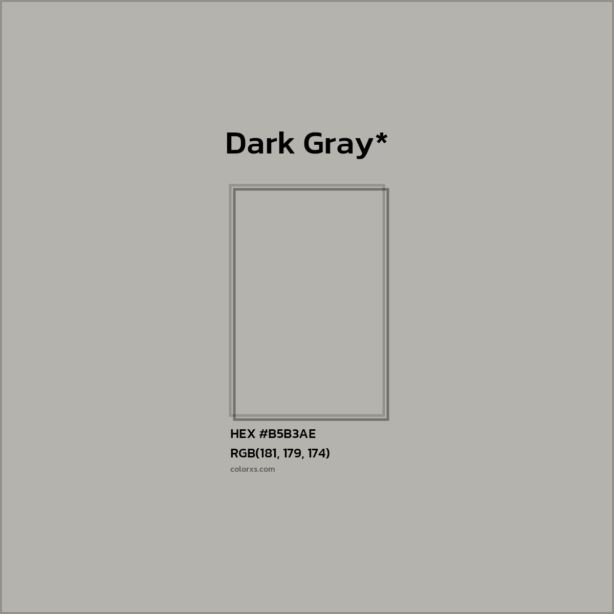 #B5B3AE hex color. RGB, RYB, CMYK, HSL, HSV codes and color conversions. Matching color names, palettes, paints.