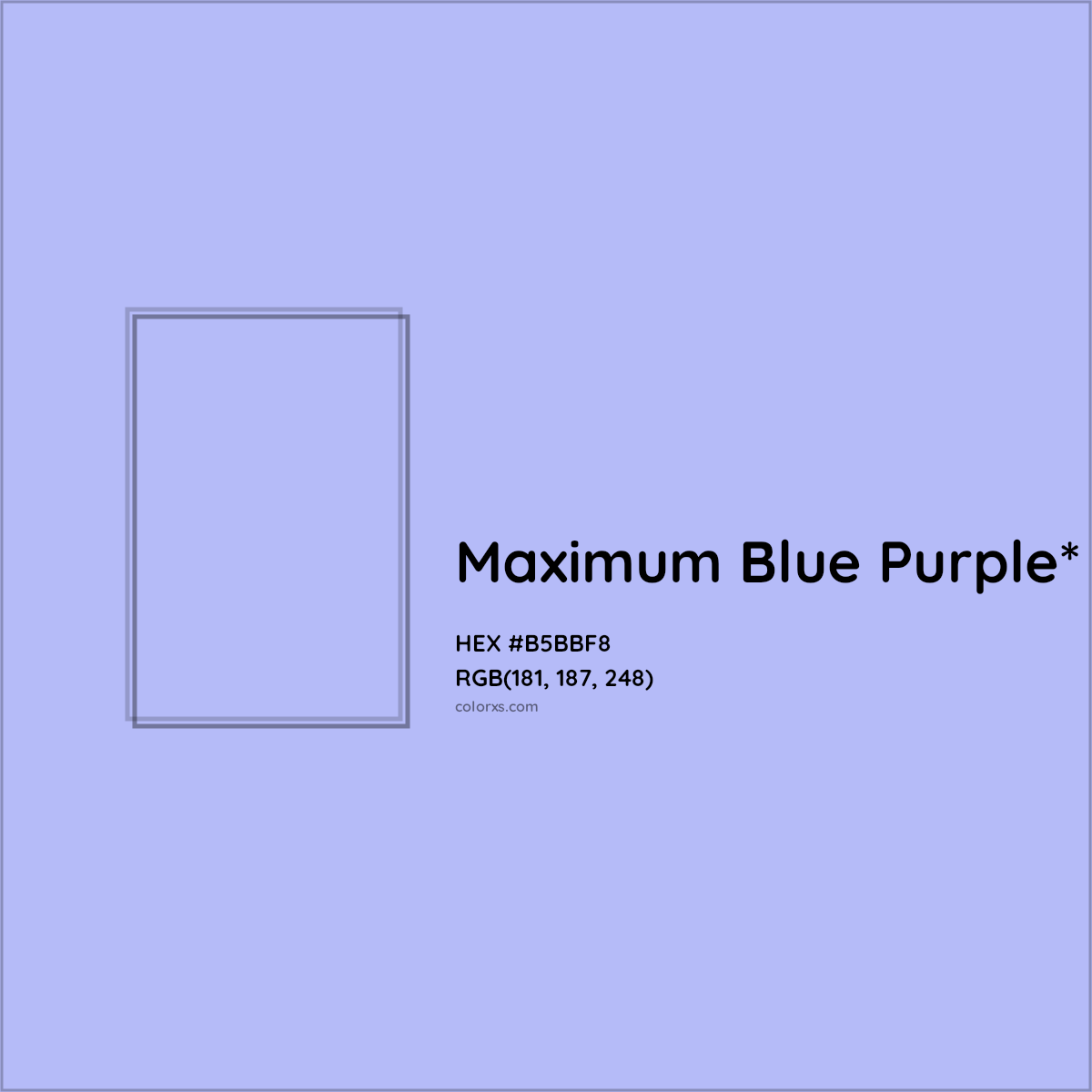 #B5BBF8 hex color. RGB, RYB, CMYK, HSL, HSV codes and color conversions. Matching color names, palettes, paints.