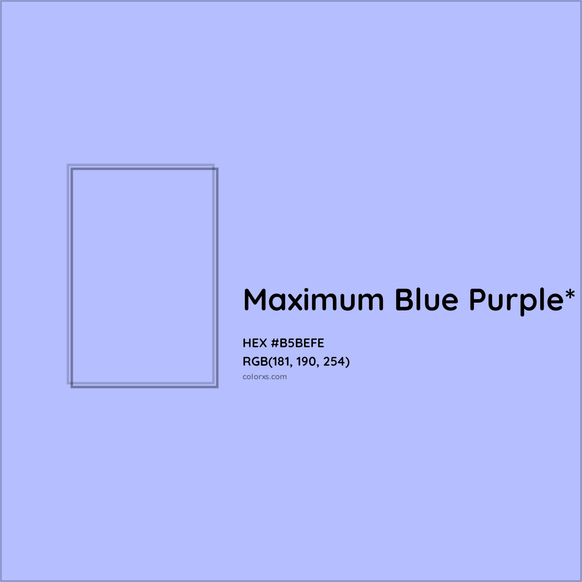 #B5BEFE hex color. RGB, RYB, CMYK, HSL, HSV codes and color conversions. Matching color names, palettes, paints.