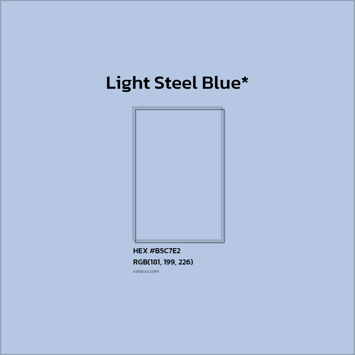 #B5C7E2 hex color. RGB, RYB, CMYK, HSL, HSV codes and color conversions. Matching color names, palettes, paints.