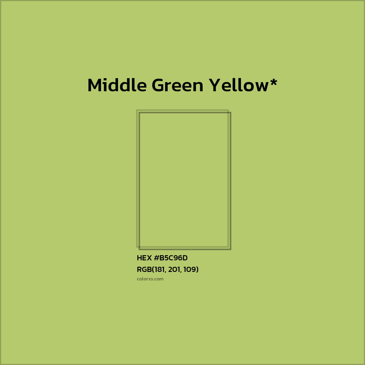 #B5C96D hex color. RGB, RYB, CMYK, HSL, HSV codes and color conversions. Matching color names, palettes, paints.