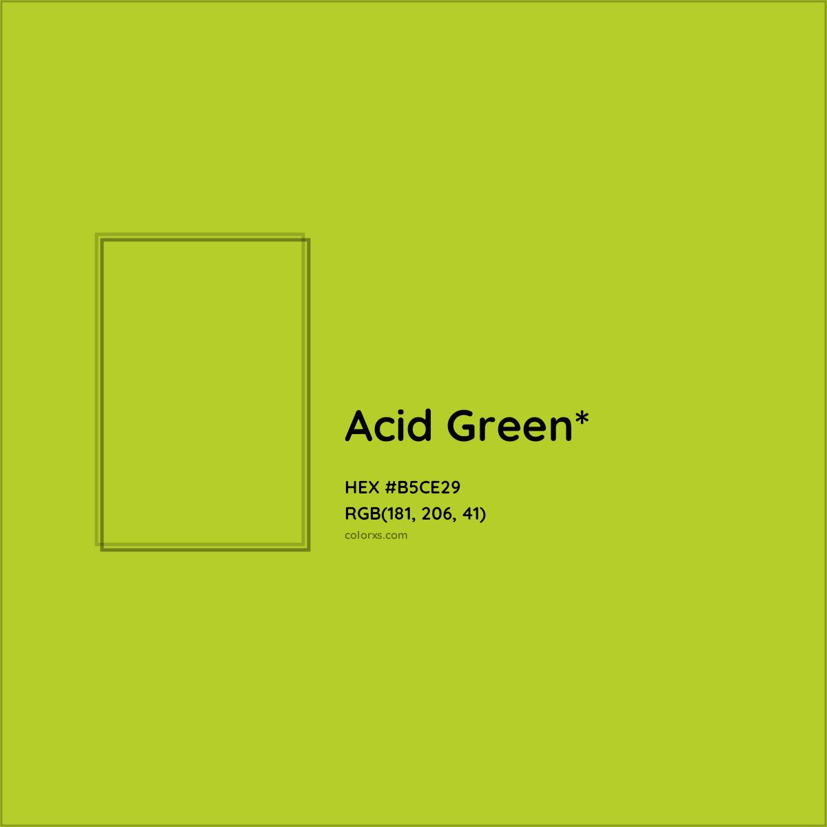 #B5CE29 hex color. RGB, RYB, CMYK, HSL, HSV codes and color conversions. Matching color names, palettes, paints.