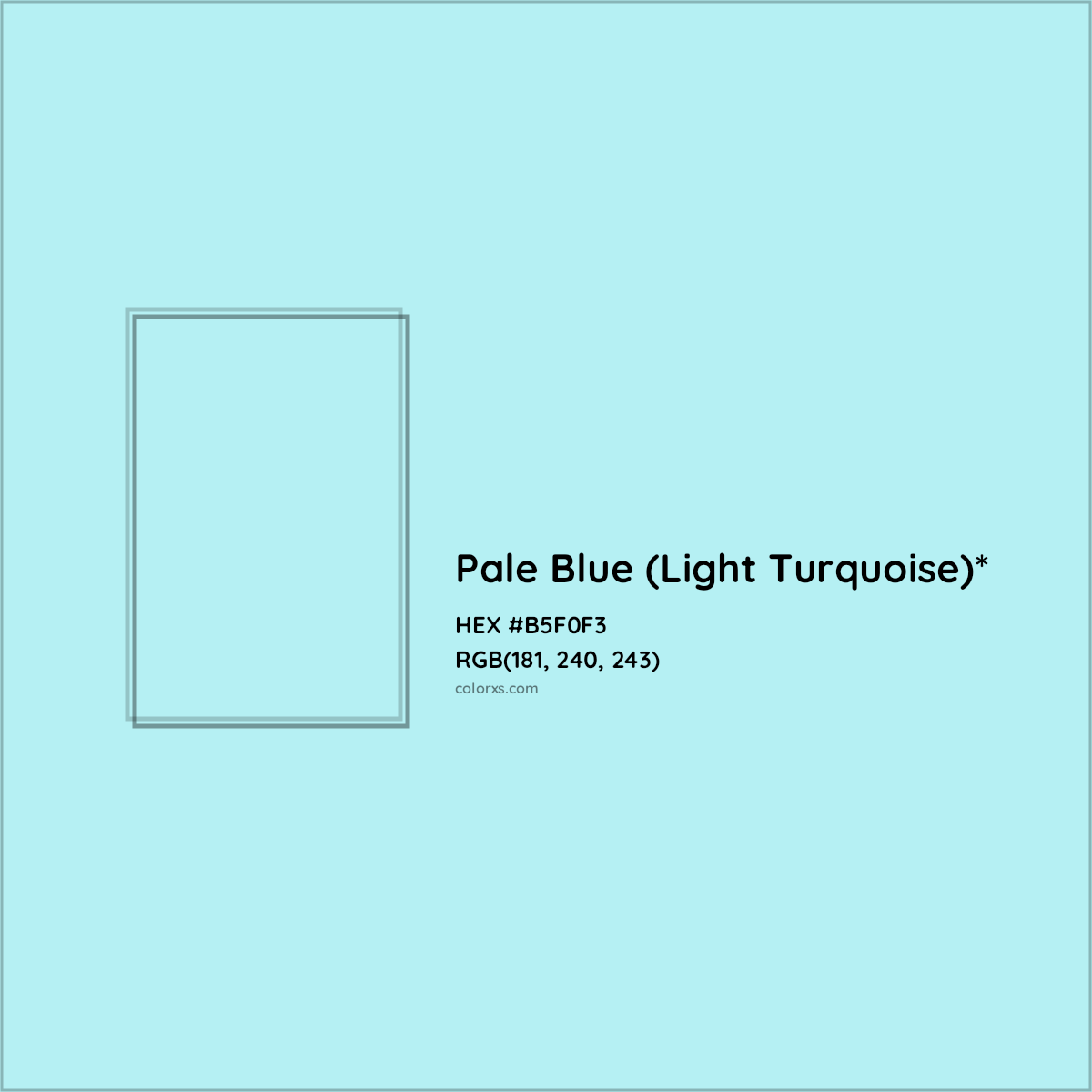 #B5F0F3 hex color. RGB, RYB, CMYK, HSL, HSV codes and color conversions. Matching color names, palettes, paints.