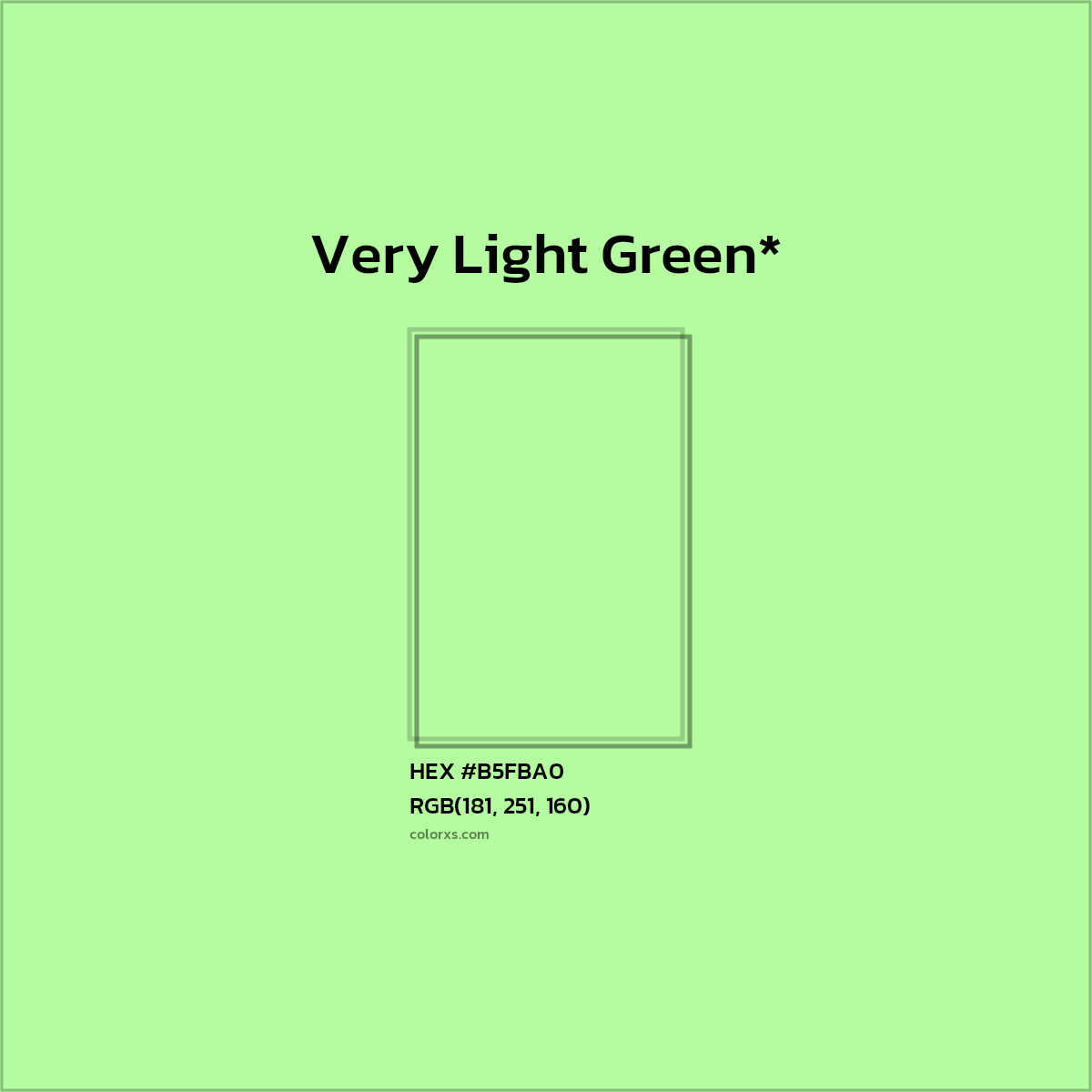 #B5FBA0 hex color. RGB, RYB, CMYK, HSL, HSV codes and color conversions. Matching color names, palettes, paints.