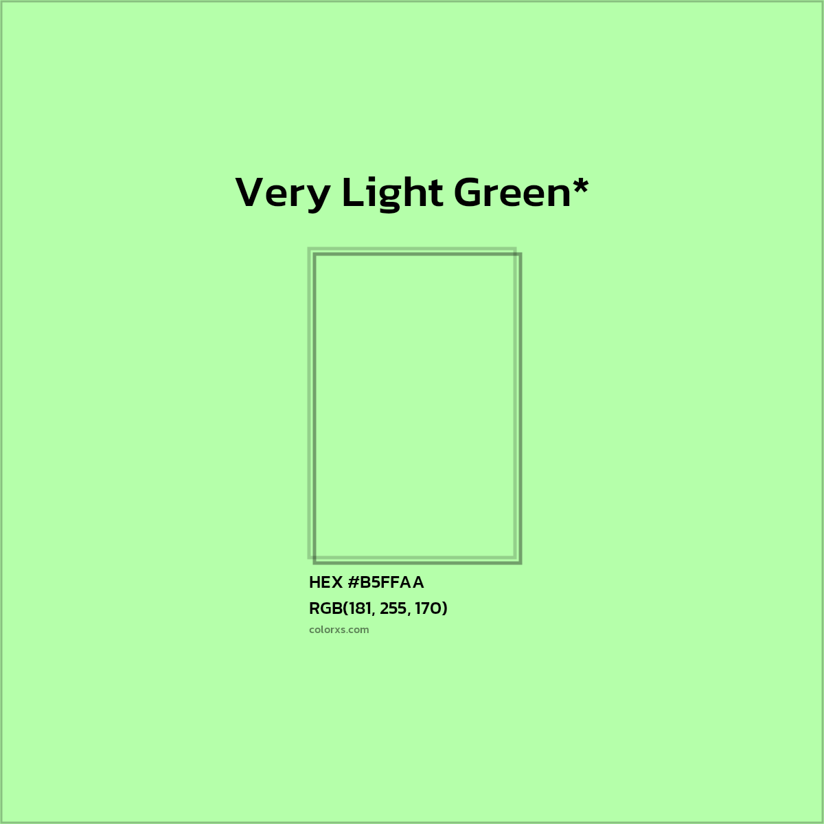 #B5FFAA hex color. RGB, RYB, CMYK, HSL, HSV codes and color conversions. Matching color names, palettes, paints.