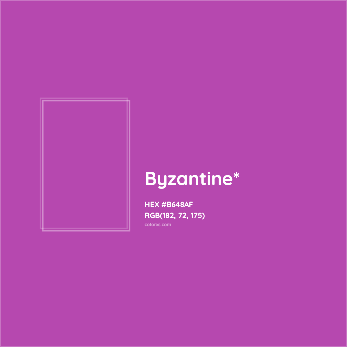 #B648AF hex color. RGB, RYB, CMYK, HSL, HSV codes and color conversions. Matching color names, palettes, paints.
