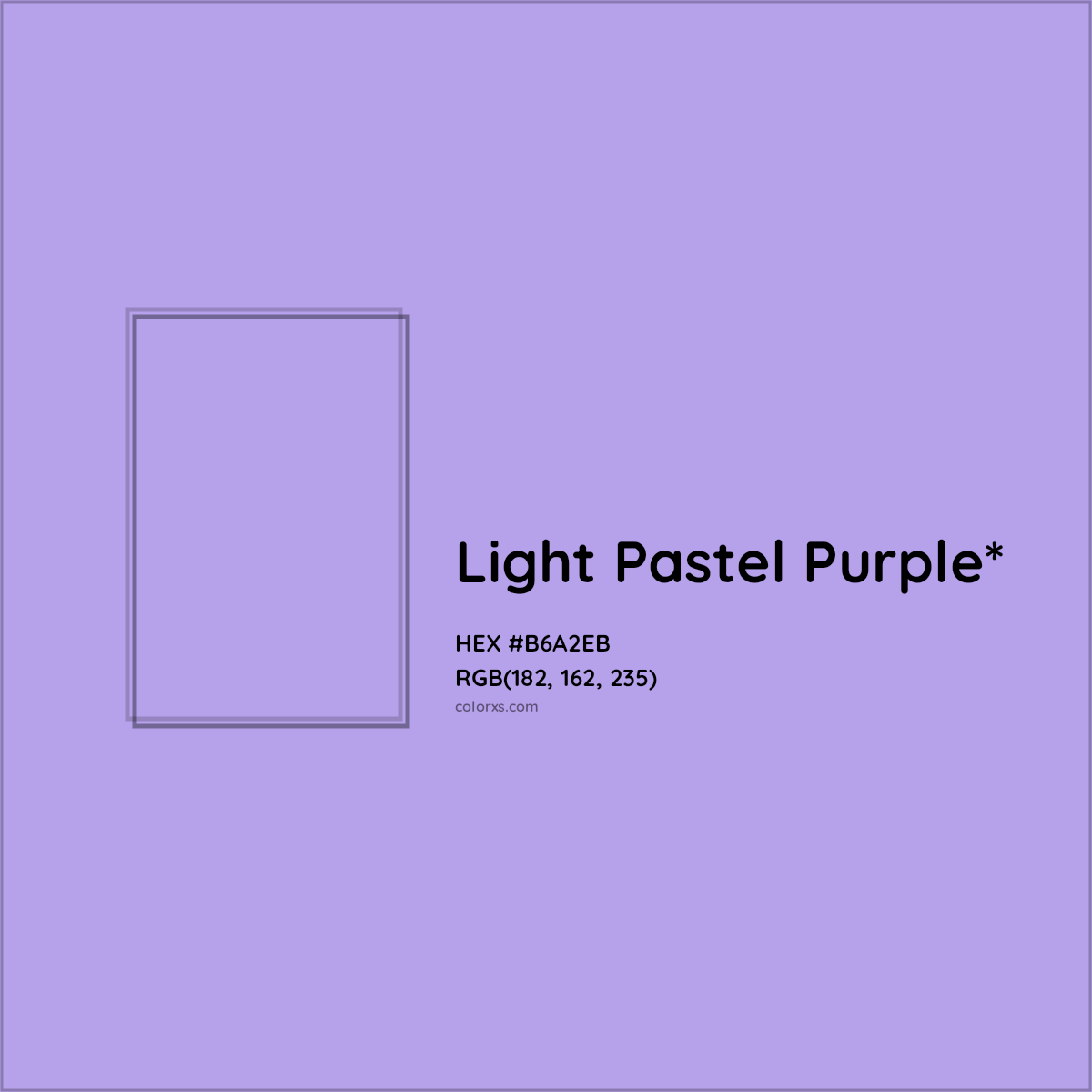 #B6A2EB hex color. RGB, RYB, CMYK, HSL, HSV codes and color conversions. Matching color names, palettes, paints.