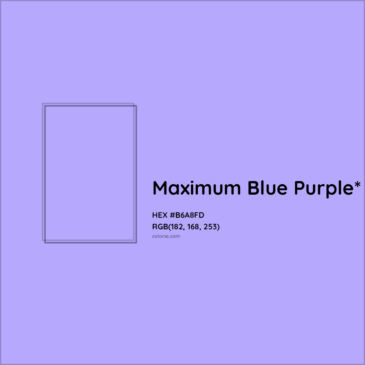 #B6A8FD hex color. RGB, RYB, CMYK, HSL, HSV codes and color conversions. Matching color names, palettes, paints.