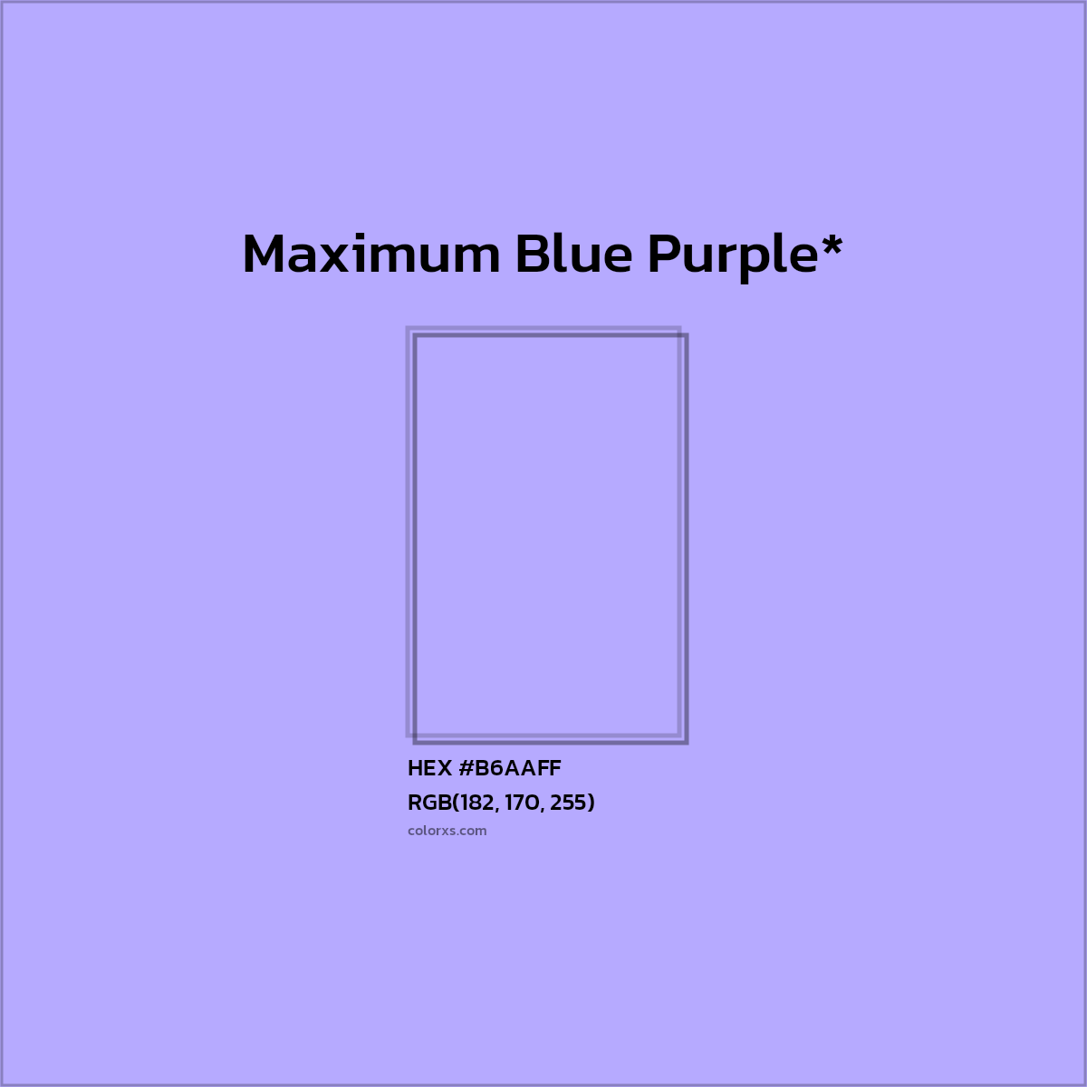#B6AAFF hex color. RGB, RYB, CMYK, HSL, HSV codes and color conversions. Matching color names, palettes, paints.