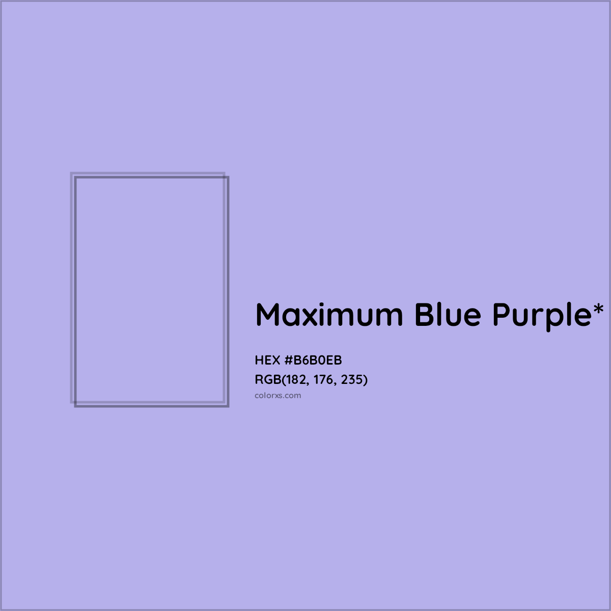 #B6B0EB hex color. RGB, RYB, CMYK, HSL, HSV codes and color conversions. Matching color names, palettes, paints.