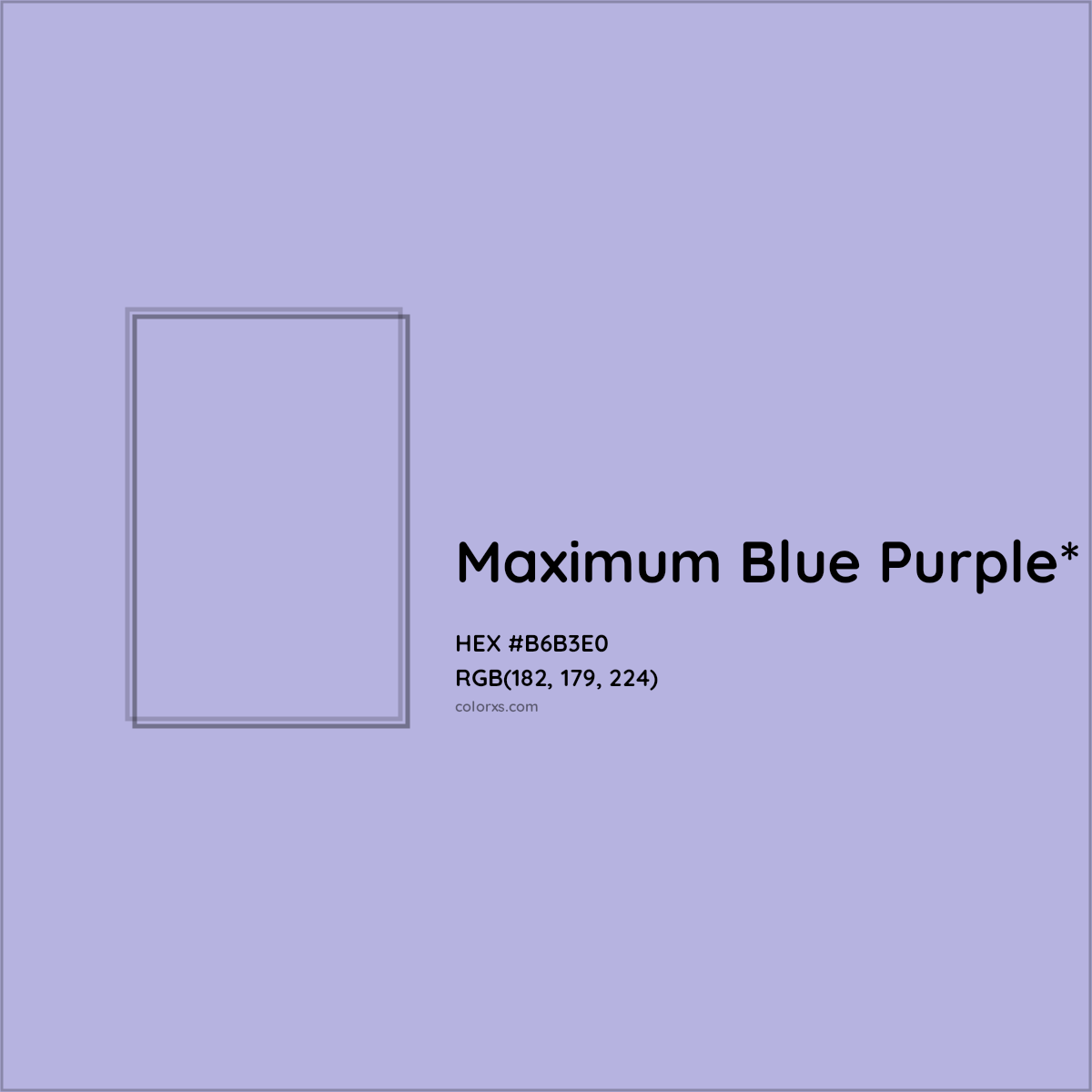 #B6B3E0 hex color. RGB, RYB, CMYK, HSL, HSV codes and color conversions. Matching color names, palettes, paints.