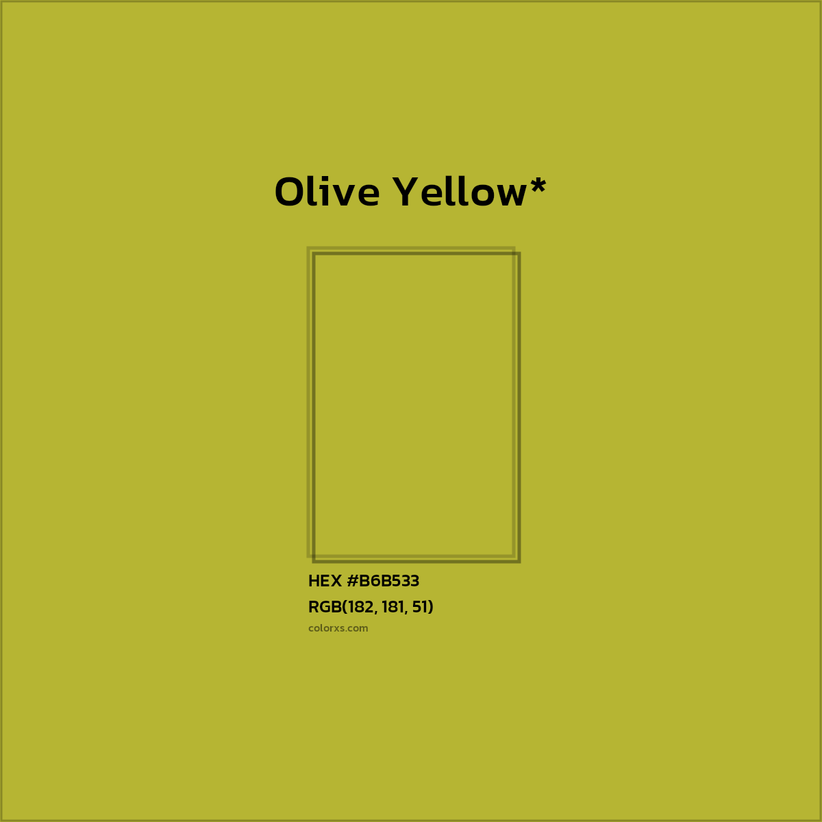 #B6B533 hex color. RGB, RYB, CMYK, HSL, HSV codes and color conversions. Matching color names, palettes, paints.
