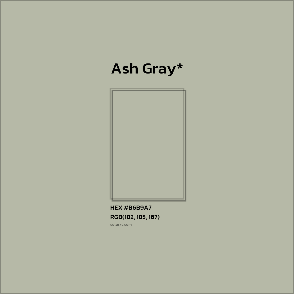 #B6B9A7 hex color. RGB, RYB, CMYK, HSL, HSV codes and color conversions. Matching color names, palettes, paints.