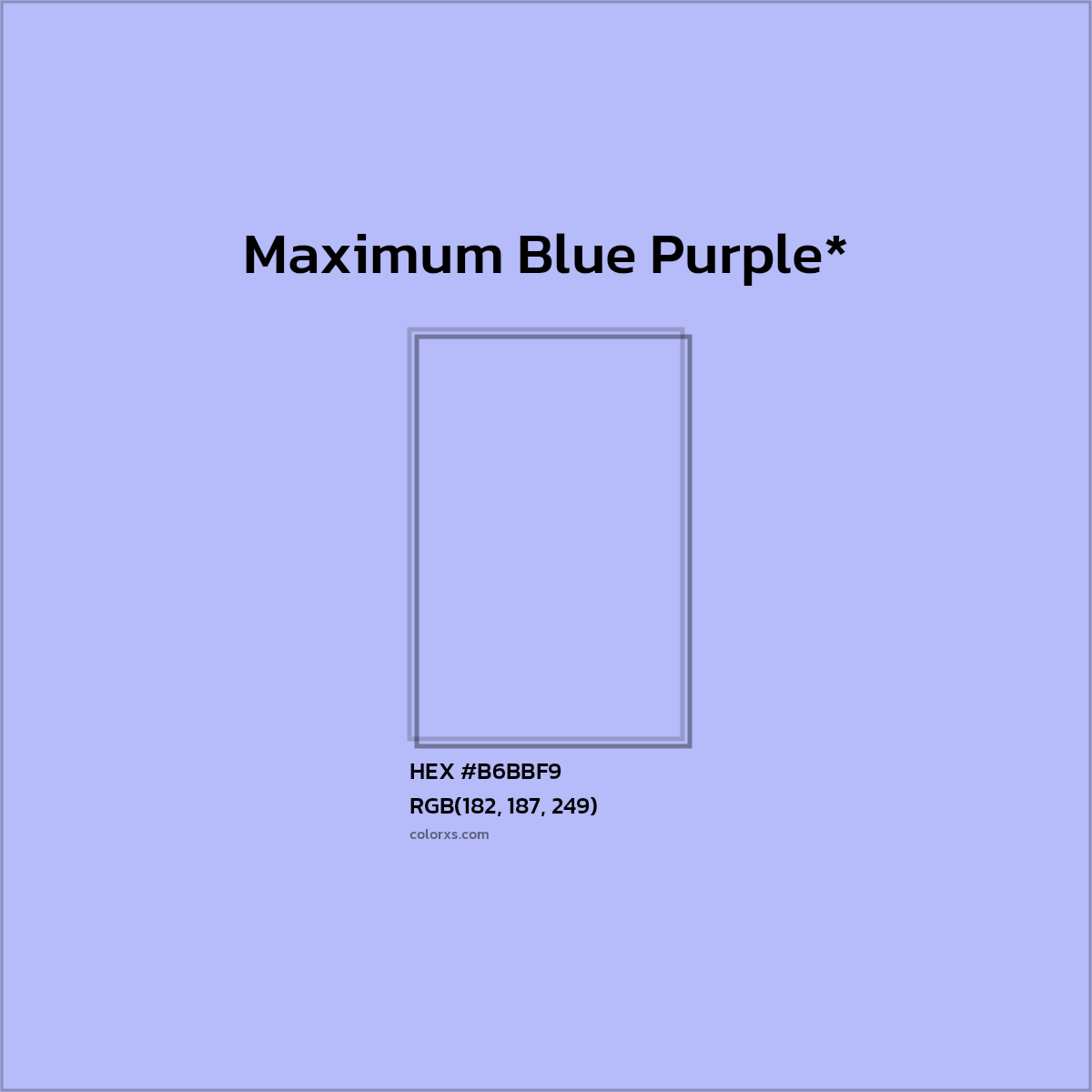 #B6BBF9 hex color. RGB, RYB, CMYK, HSL, HSV codes and color conversions. Matching color names, palettes, paints.