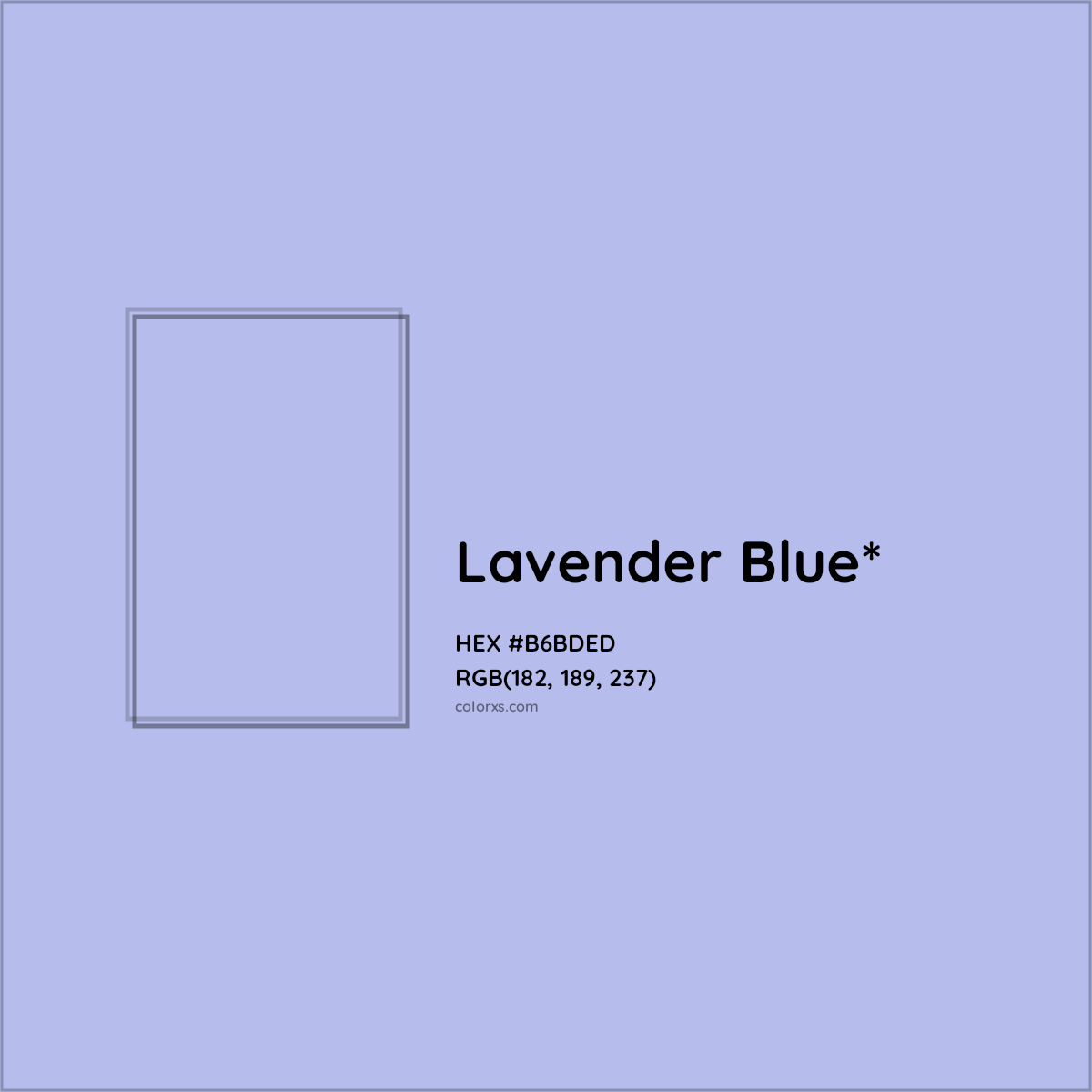 #B6BDED hex color. RGB, RYB, CMYK, HSL, HSV codes and color conversions. Matching color names, palettes, paints.