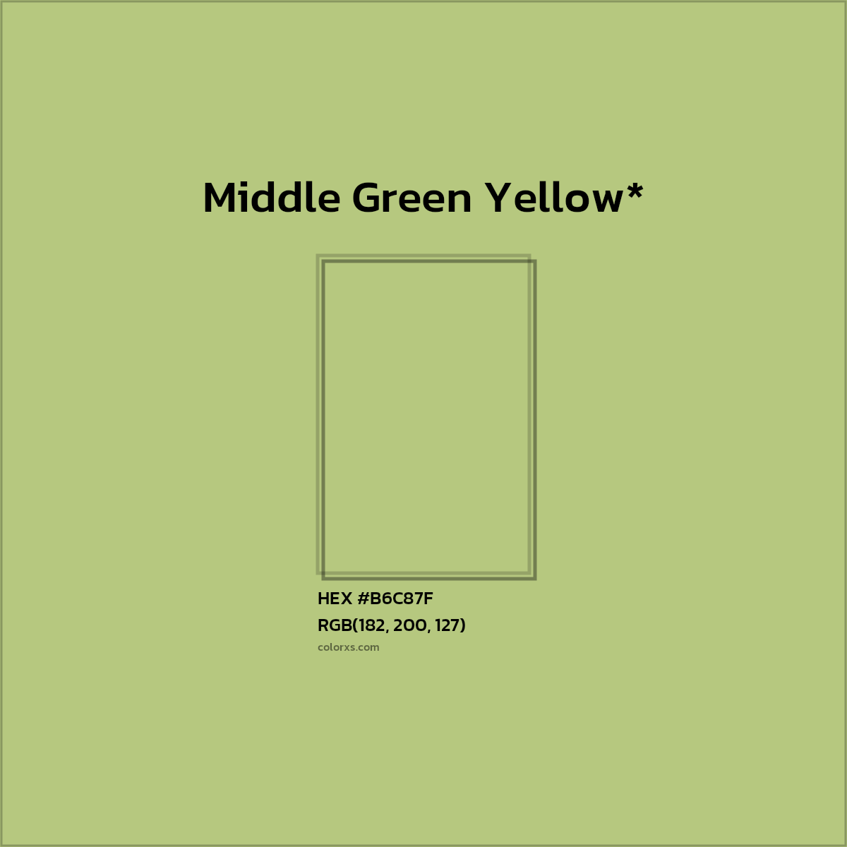 #B6C87F hex color. RGB, RYB, CMYK, HSL, HSV codes and color conversions. Matching color names, palettes, paints.