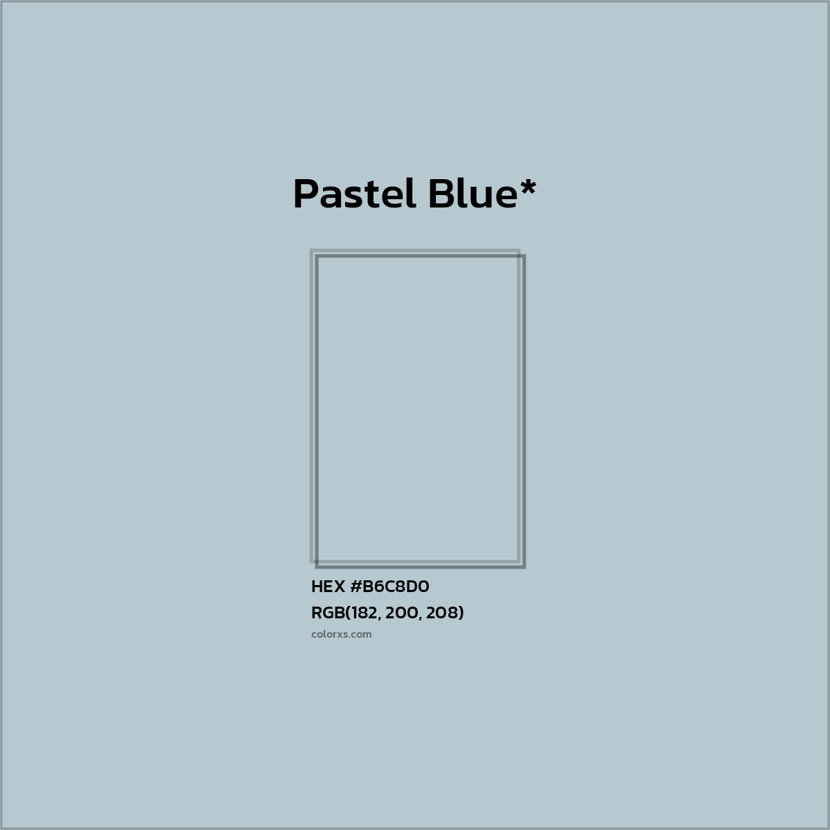 #B6C8D0 hex color. RGB, RYB, CMYK, HSL, HSV codes and color conversions. Matching color names, palettes, paints.