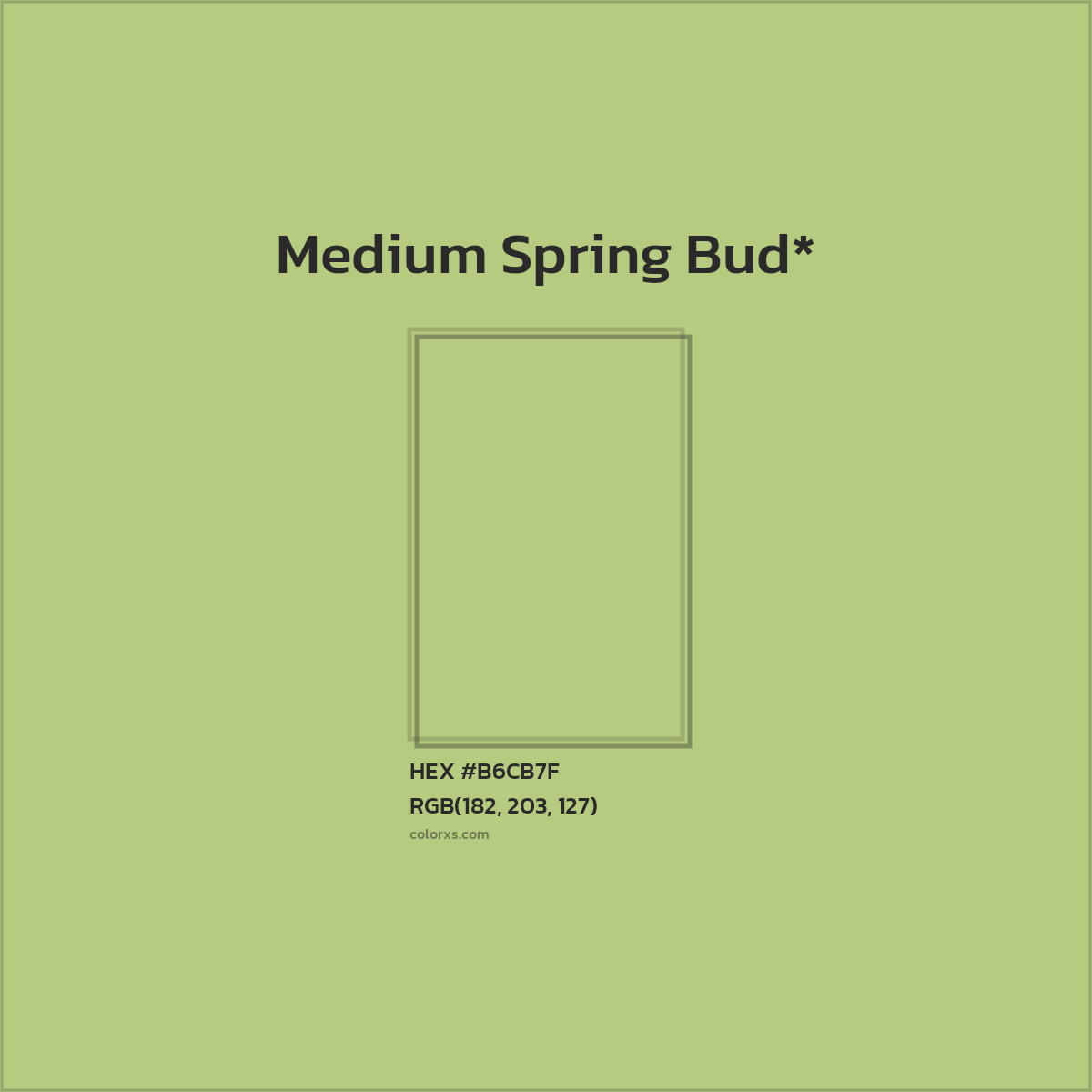 #B6CB7F hex color. RGB, RYB, CMYK, HSL, HSV codes and color conversions. Matching color names, palettes, paints.