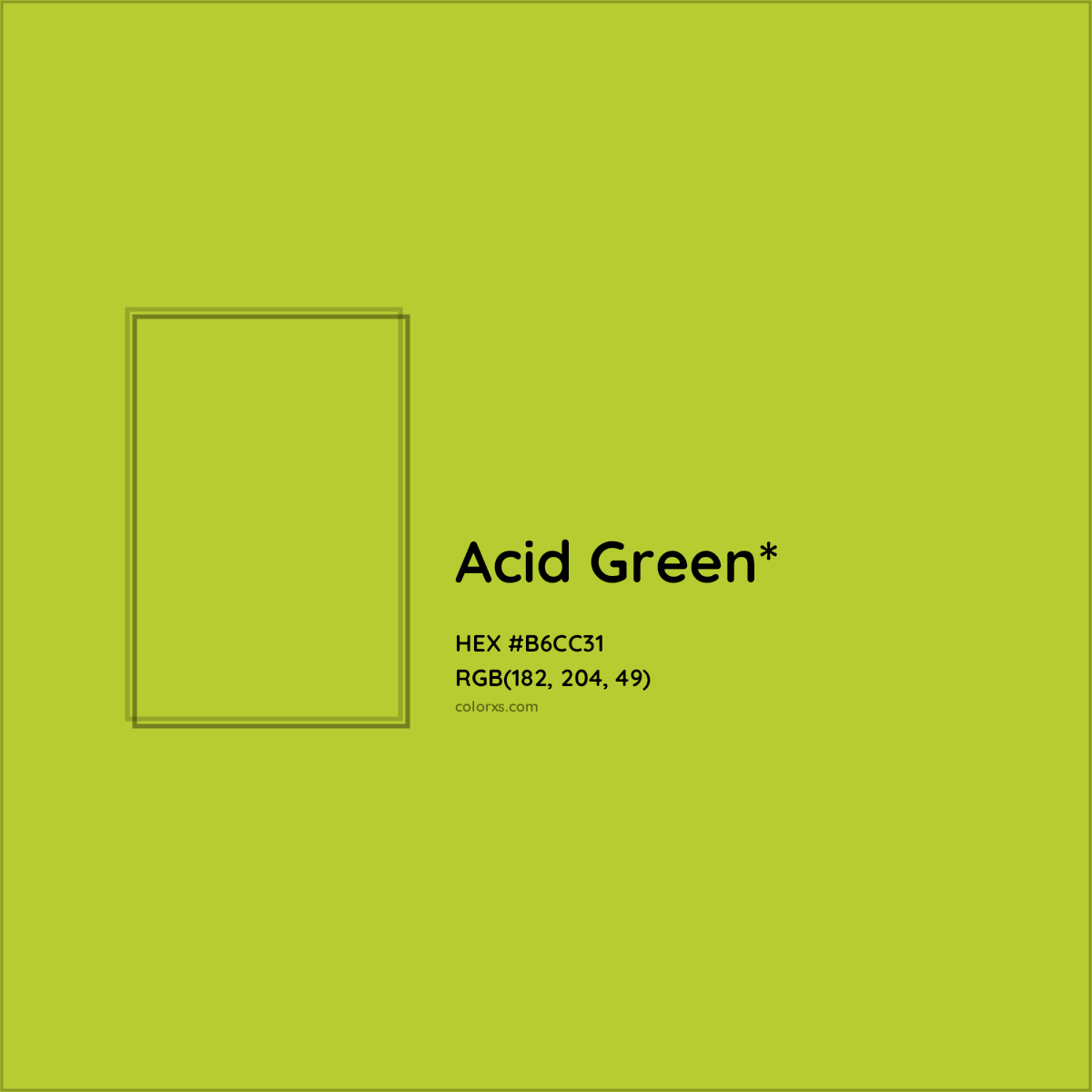 #B6CC31 hex color. RGB, RYB, CMYK, HSL, HSV codes and color conversions. Matching color names, palettes, paints.