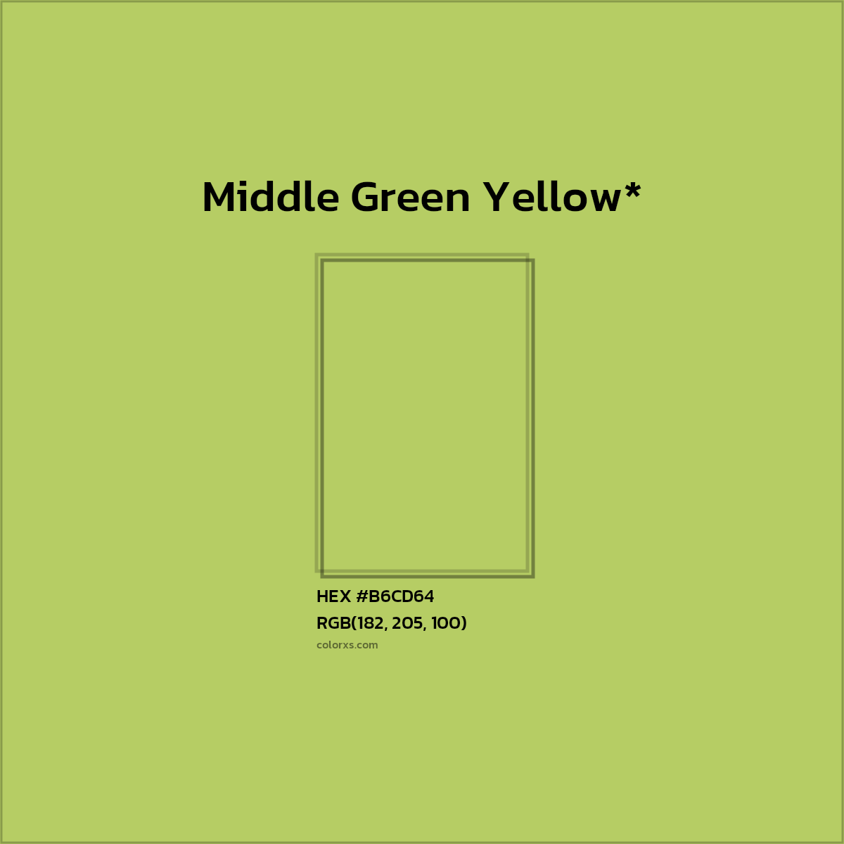 #B6CD64 hex color. RGB, RYB, CMYK, HSL, HSV codes and color conversions. Matching color names, palettes, paints.