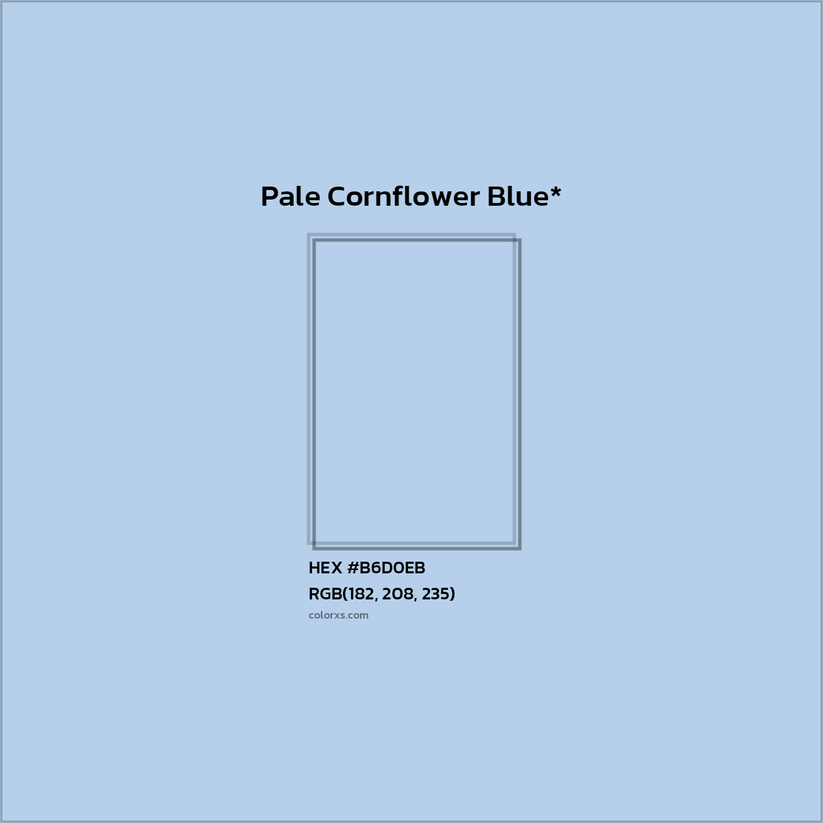 #B6D0EB hex color. RGB, RYB, CMYK, HSL, HSV codes and color conversions. Matching color names, palettes, paints.