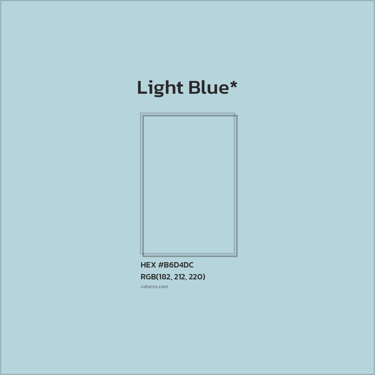 #B6D4DC hex color. RGB, RYB, CMYK, HSL, HSV codes and color conversions. Matching color names, palettes, paints.