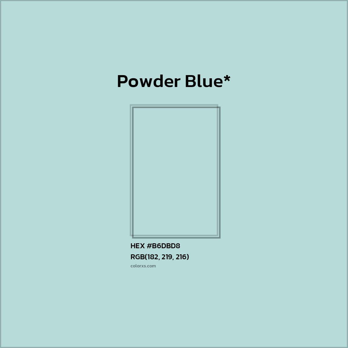 #B6DBD8 hex color. RGB, RYB, CMYK, HSL, HSV codes and color conversions. Matching color names, palettes, paints.