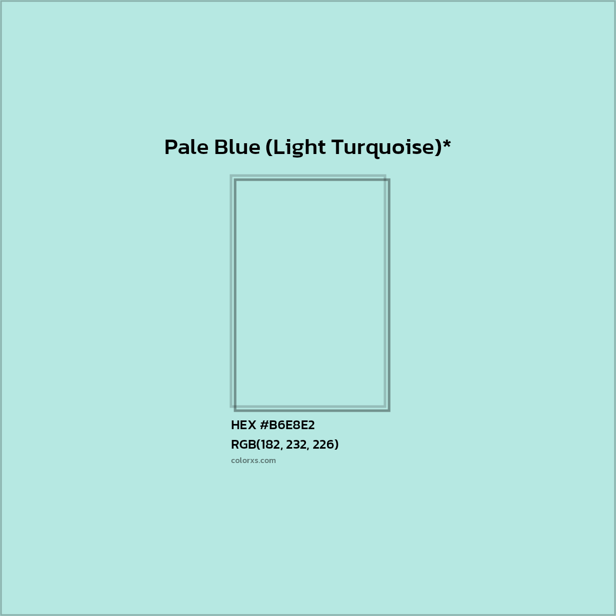 #B6E8E2 hex color. RGB, RYB, CMYK, HSL, HSV codes and color conversions. Matching color names, palettes, paints.