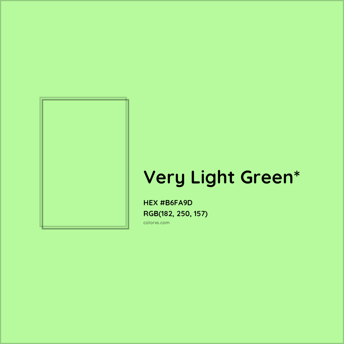 #B6FA9D hex color. RGB, RYB, CMYK, HSL, HSV codes and color conversions. Matching color names, palettes, paints.