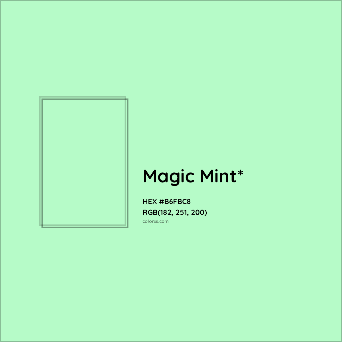#B6FBC8 hex color. RGB, RYB, CMYK, HSL, HSV codes and color conversions. Matching color names, palettes, paints.